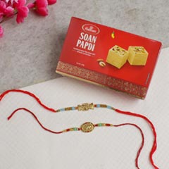 Two Fancy Designer Rakhis With Soan Papdi - For Europe