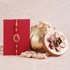 Designer Rakhi with Pistachios in Container - Rakhi with Dry Fruits