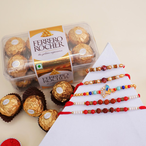 Set of 5 Designer Rakhi with 16 pieces ferrero rocher - Rakhi with Chocolates to Noida