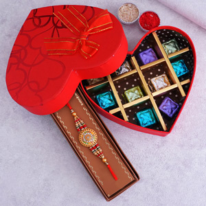 Golden Rakhi with 100gm Assorted Heart Shaped Box - Rakhi with Chocolates