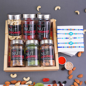 Dry Fruits with Set of Five Evil Eye Rakhis N Wooden Tray - Rakhi with Dry Fruits
