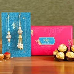 Blue Orb Pearl And Lumba Rakhi Set With 3 Pcs Ferrero Rocher
