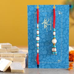 Blue Pearl And Lumba Rakhi Set With Kaju Katli