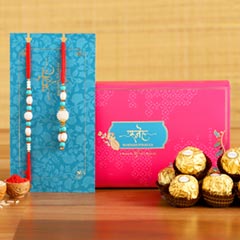 Blue Pearl And Lumba Rakhi Set With 3 Pcs Ferrero Rocher